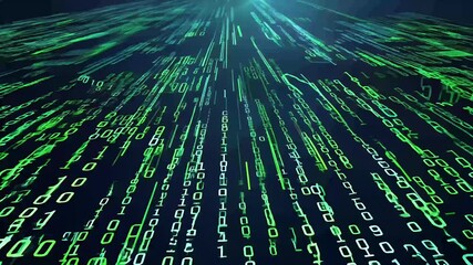 4K digital animation reminiscent Matrix style binary code flowing green zeros ones representing global communication AI futuristic internet technologies robot programmer bit net coding networking