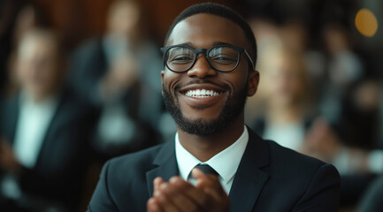 Happy businessman clapping with business team at meeting, happy smiling young man in suit sitting on conference table and cheering for success of his company during presentation or