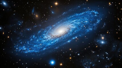 Ethereal blue spiral galaxy floating in the blackness of space, scattered with glowing stars and nebula clouds