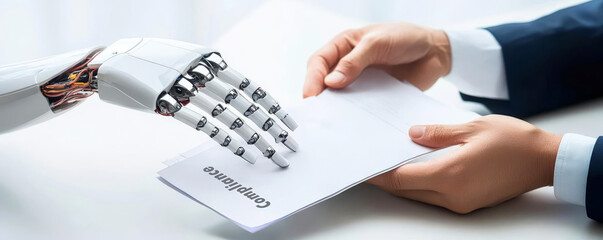 A robotic hand interacts with a document, showcasing the integration of technology and automation in modern office settings.