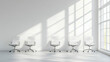 © paper later - A minimalist office space featuring five white office chairs arranged in a row facing a large window.