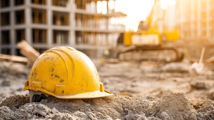 Bright yellow hard hat on a pile of dirt, symbol of construction and development