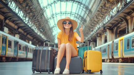 Happy young woman celebrating at a train station with luggage, enjoying travel adventures on a sunny day