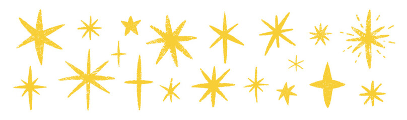 set of stars, twinkle and spark with crayon, chalk or pastel texture. yellow and drawn kids vector i