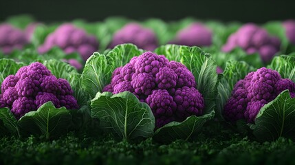 Close Up of Vibrant Purple Cauliflower Amongst Verdant Agricultural Landscape