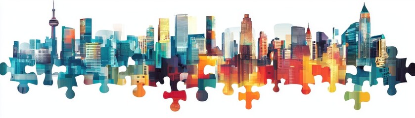 A vibrant city skyline with colorful puzzle pieces, representing diversity, creativity, and urban life.