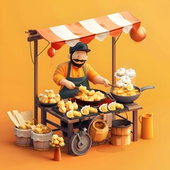 Isometric 3D Street Vendor Frying Tasty Dumplings at Colorful Outdoor Stall