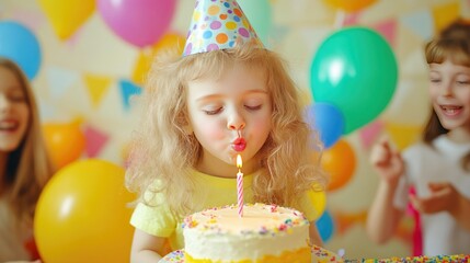 A child wearing a birthday hat blowing out a candle on a cake, with bright decorations, joyful friends, and confetti adding to the celebration scene. --chaos