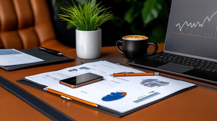 Modern Office Desk: A minimalist workspace with a laptop, documents, a smartphone, a pen, and a cup of coffee. The desk is made of dark wood, and the background is a blurred image of a green plant.