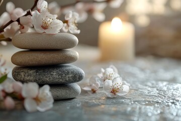 Spa Stones with White Blossoms and Candle