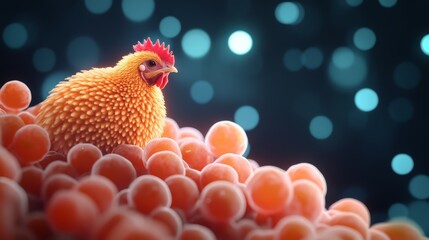 Colorful chicken perched among vibrant, glowing spheres on a dark background.