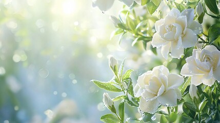 Beautiful white blossoms blooming on a green branch in spring, isolated on a nature background