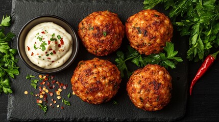 Spicy sausage arancini with a side of garlic aioli, isolated on a dark slate board with chili flakes and fresh herbs