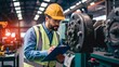 © AnnaFocusArt - Engineer examining machinery in a factory workshop clipboard in hand