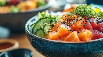 A detailed Full HD image of a colorful poke bowl filled with fresh fish, vegetables, and rice, artfully arranged in a stylish restaurant, showcasing a healthy dining experience.