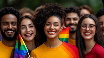 Pride Celebration: Diverse Group of Smiling People with Rainbow Flags 