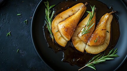 Caramelized pears over puff pastry, isolated on a dark plate with a drizzle of honey and rosemary sprigs