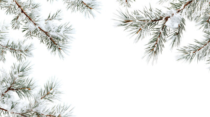 Snow-covered pine branches isolated on a white background.