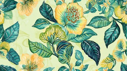 Vintage Floral Pattern retro ethnic batik embroidery. Paisley batik floral motif. Watercolor flowers green silhouette tie design hand drawn. Pastel hand drawn background 