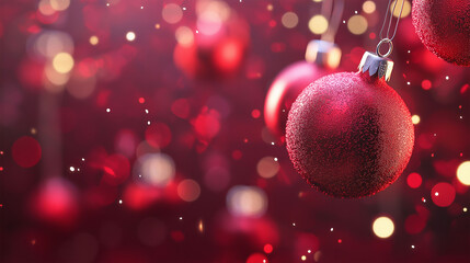 Wall Mural - red christmas baubles decoration on red blurred background with lights. new year greeting card.