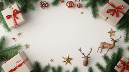 Wall Mural - a white background with a christmas tree and presents. the presents are wrapped in red and white rib