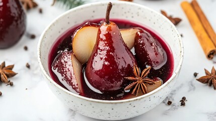 poached pears in red wine sauce, isolated on a white marble background with cinnamon sticks and star