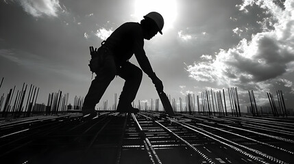 Wall Mural - Construction Worker Silhouette on Rebar.