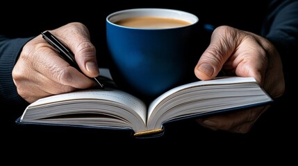 Morning Ritual: A close-up of hands holding a blue mug of coffee and writing in a notebook, capturing the quiet focus and intention of a productive morning routine. 