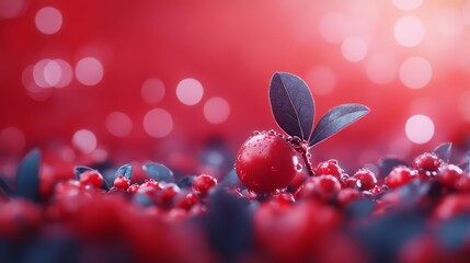 Cranberry with leaves on a red background blurred with bokeh lights.