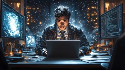 Asian Software Engineer Working Diligently on Laptop Surrounded by Coding Screens and Technical Diagrams in a Modern Efficient Office Environment