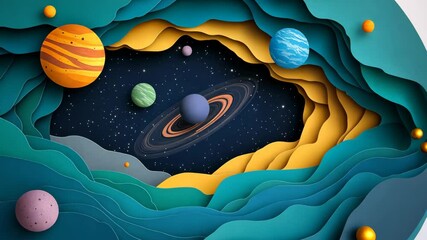 Wall Mural - a paper cut-out design showing a colorful galaxy with a swirling, ringed planet, surrounded by stars