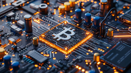 Digital circuit board with Bitcoin symbol, showcasing technology and cryptocurrency. intricate design features glowing elements, representing innovation and modern finance