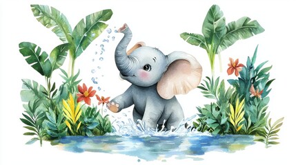 A playful baby elephant splashes in a tropical setting, surrounded by vibrant plants and colorful flowers.