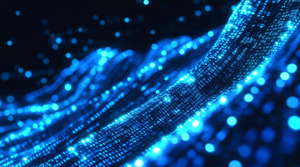 Glowing Blue Binary Code Flowing Across Dark Digital Interface
