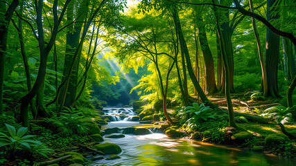 Perfect nature scene, green lush foliage under sunlight, beams. Tropical natural forest landscape, calm creek cascade flowing water under trees leaves. Beautiful nature. Tranquil peaceful Generated AI