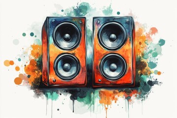 Watercolor Painting of Two Speaker Cabinets with Paint Splatter Background