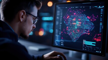 male data scientist utilizing statistical software to analyze big data in a modern corporate office 