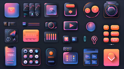 Colorful Neon UI Kit with Futuristic App Icons and Buttons