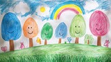 Colorful crayon drawing of smiling trees under a rainbow sky, AI