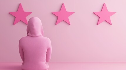 Wall Mural - customer journey concept with person in pink hoodie facing three stars on pink background