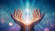 © Irma - Hands holding a luminous crystal with glowing light effects for a healing and spiritual experience