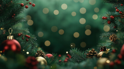 Wall Mural - christmas decorations on a green bokeh background with space for text reflecting the concept of the 