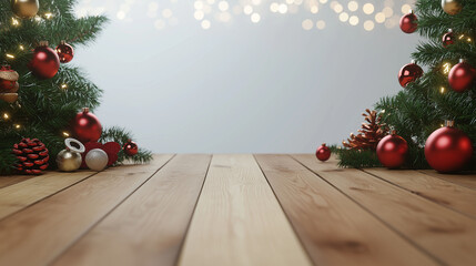 Wall Mural - a warm and inviting christmas scene with a wooden table and a beautifully decorated tree in the back