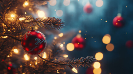 Wall Mural - christmas ornaments on a snowy branch with festive lights