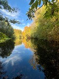 Fototapeta Zachód słońca - Autumn trees reflection on the water surface, pond in the park, beautiful autumn trees by the pond