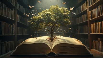 Concept of knowledge: a tree and birds emerging from an old book in a library. --