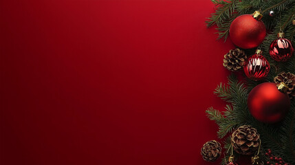 red Christmas tree with red and white balls, xmas background concept with advertising space for text red background