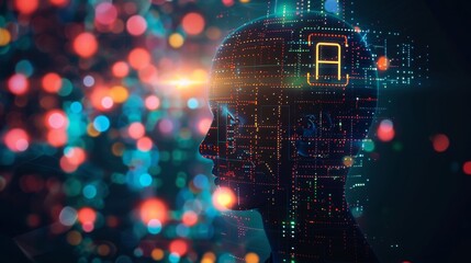 Wall Mural - human silhouette with a glowing ai symbol on an abstract tech background representing ai concepts