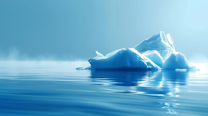 A large iceberg floats in the water with a blue sky and calm water in the background.