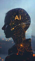 Wall Mural - silhouette of a human head with a glowing ai symbol in a complex tech environment